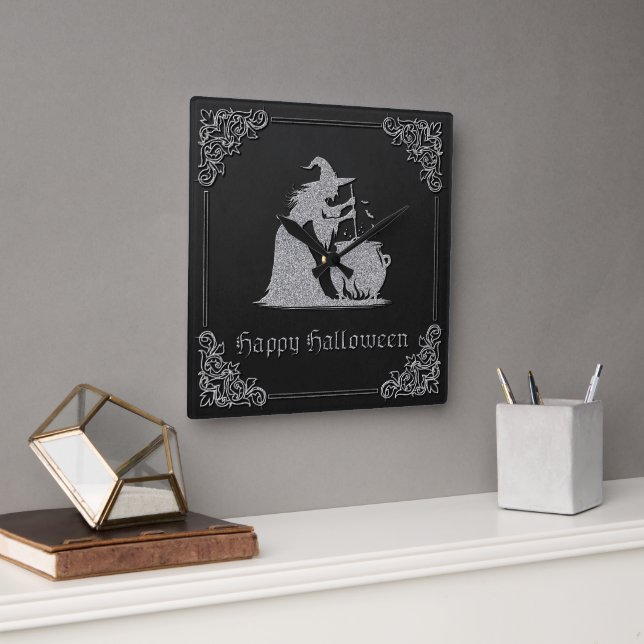 Horloge Carrée Sorcière en argent et Halloween Cauldron (Bureau)