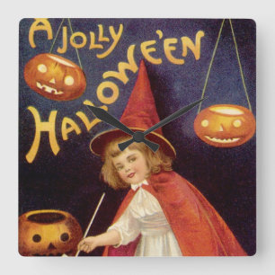 Horloge Carrée Sorcière vintage joyeuse d'Halloween par Ellen Cla