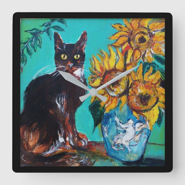 HORLOGE CARRÉE SOUCHES AVEC CHAT NOIR EN TURQUOISE BLEUE (Recto)