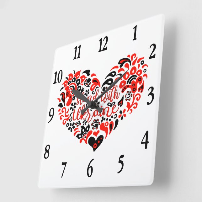 Horloge Carrée Soyez avec l'Ukraine lettrage et coeur (Angle)