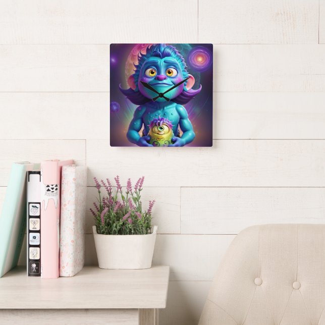 Horloge Carrée Space Alien & Friend (Salle de lecture)