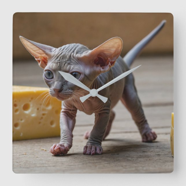 Horloge Carrée Sphynx Kitten et fromage (Recto)