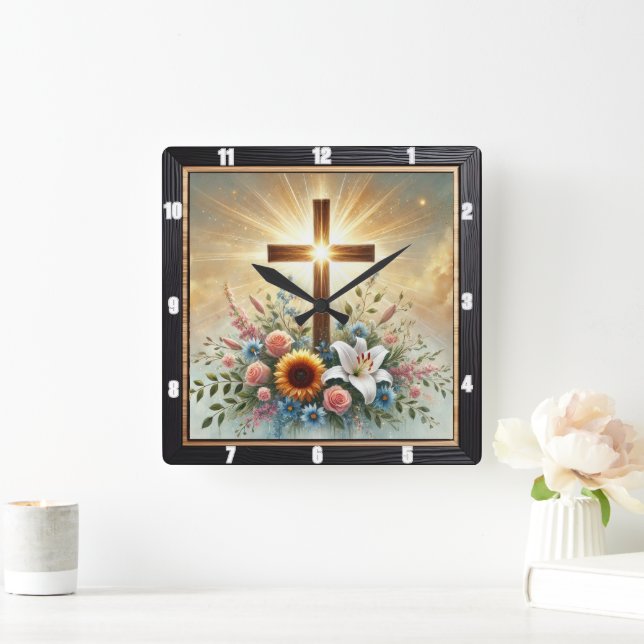 Horloge Carrée Spiritualité radiante croisée florale (Maison)