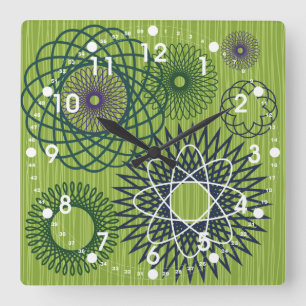 Horloge Carrée Spirographe Motif géométrique bleu vert