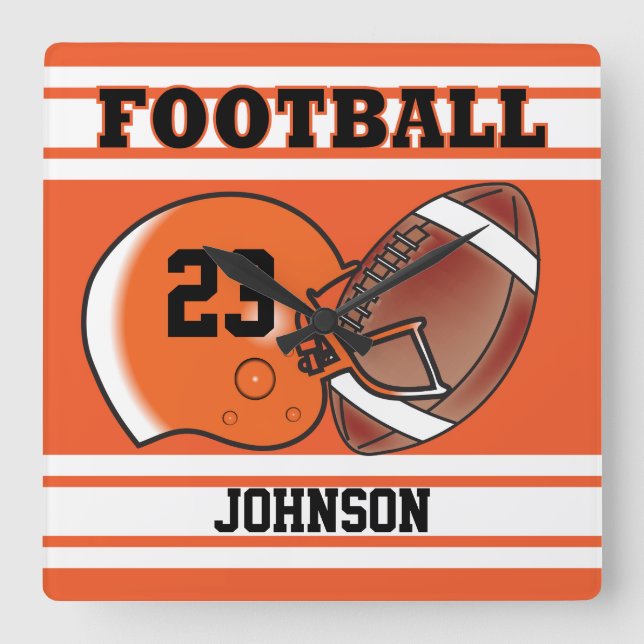 Horloge Carrée Sport de football orange et blanc | Personnalize (Recto)