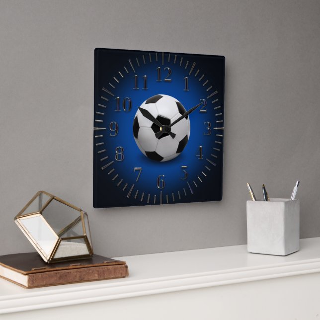 Horloge Carrée Sport Football | Football moderne bleu (Bureau)