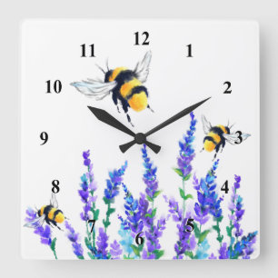 Horloge Carrée Spring Flowers and Bees Flying Wall Clock