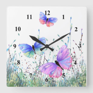 Horloge Carrée Spring Joy - Papillons colorés volant dans la natu