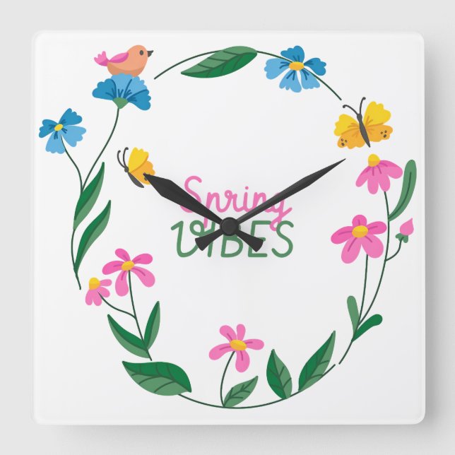 Horloge Carrée Spring Vibes with Flowers and Butterflies (Recto)