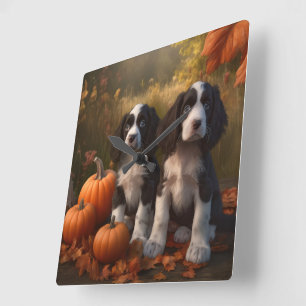 Horloge Carrée Springer Spaniel Chiot Automne Citrouille de plais