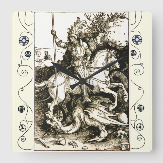 Horloge Carrée ST. GEORGE ET DRAGON, Blanc noir (Recto)