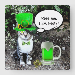 HORLOGE CARRÉE ST PATRICK'S DAY CAT WITH GREEN IRISH BEER