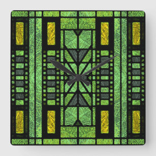 Horloge Carrée Stained Glass Art Deco en Green and Gold