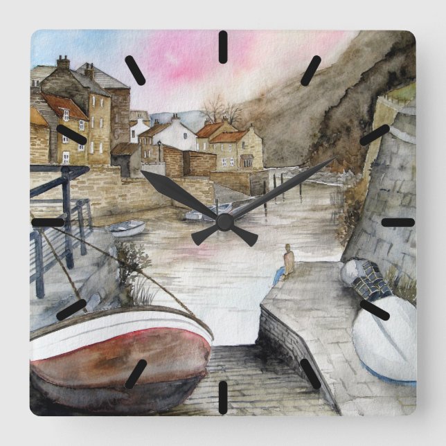 Horloge Carrée Staithes, North Yorkshire, Angleterre Aquarelle (Recto)