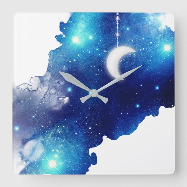 Horloge Carrée Star Lune nuit ciel galaxie céleste bleu blanc (Recto)