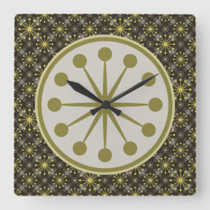 Horloge Carrée Starburst and Lines Mid Century Motif Earth Hues