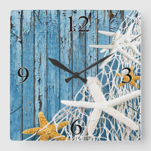 Horloge Carrée Starfish Netting Plage Wood Coastal Living   bleu