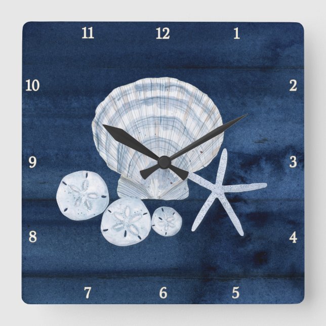 Horloge Carrée Starfish Sea Shells Beach Sand Dollar bleu n blanc (Recto)