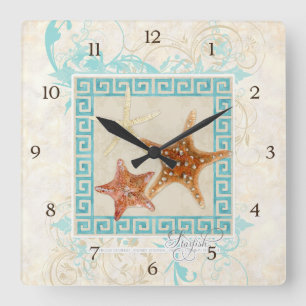 Horloge Carrée Starfish Sea Shells Ocean Greek Key Pattern