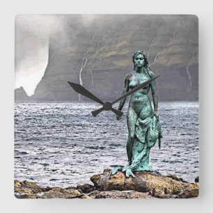 Horloge Carrée statue élégante de sirène de bronze