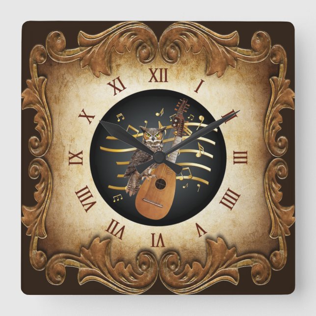 Horloge Carrée Steampunk Angélique ~ Grande Chouette à cornes ~ (Recto)