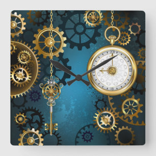 Horloge Carrée Steampunk Arrière - plan turquoise avec Gears