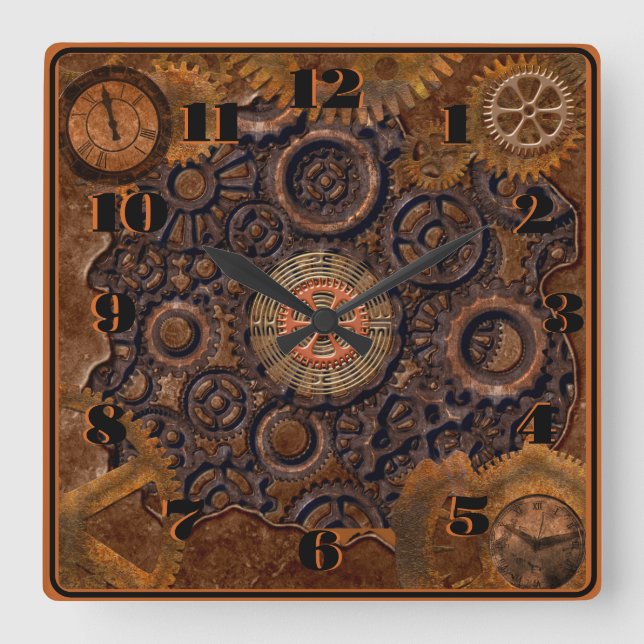 Horloge Carrée Steampunk noir, laiton, Brown (Recto)