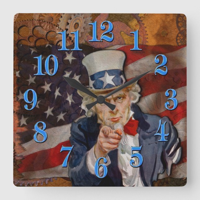 Horloge Carrée Steampunk Sam Patriotique US Drapeau Design (Recto)