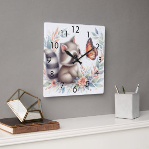 Horloge Carrée Storybook Woodland Babies Raccoon Et Papillon