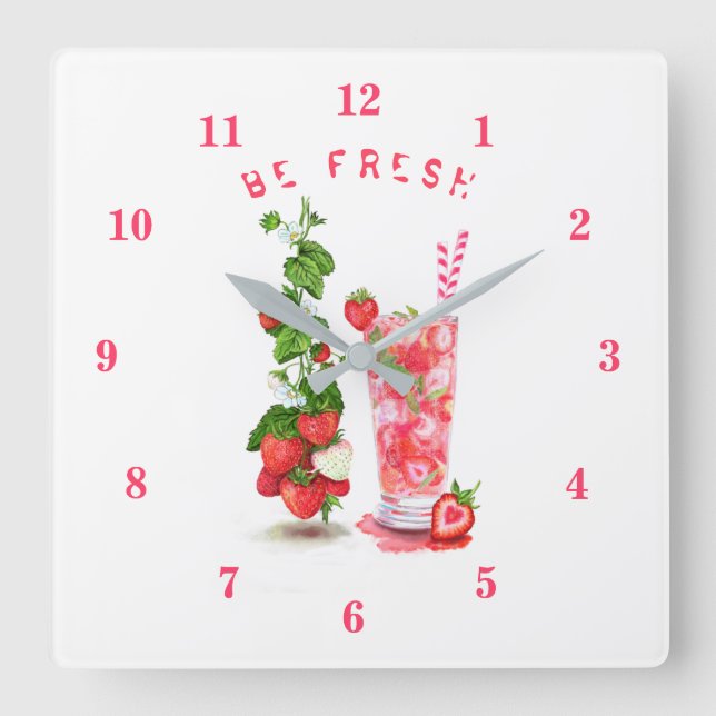 Horloge Carrée Strawberry Juice Cool Drink Fruits Wall Clock (Recto)