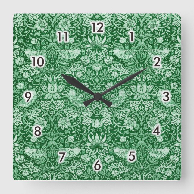Horloge Carrée Strawberry Thief Green, William Morris (Recto)