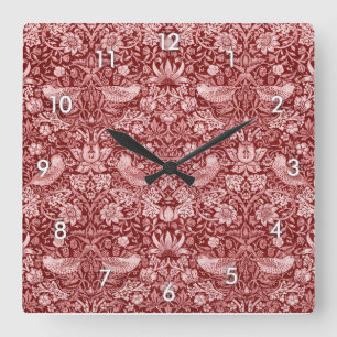 Horloge Carrée Strawberry Thief Maroon, William Morris