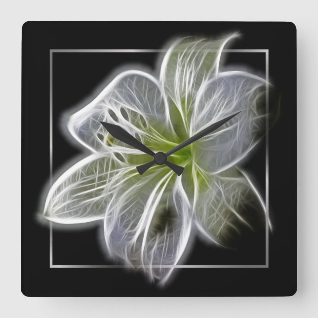 Horloge Carrée Stunning White Lily Fractal Art Black (Recto)