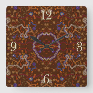Horloge Carrée Style aborigène australien Walkabout Art Design