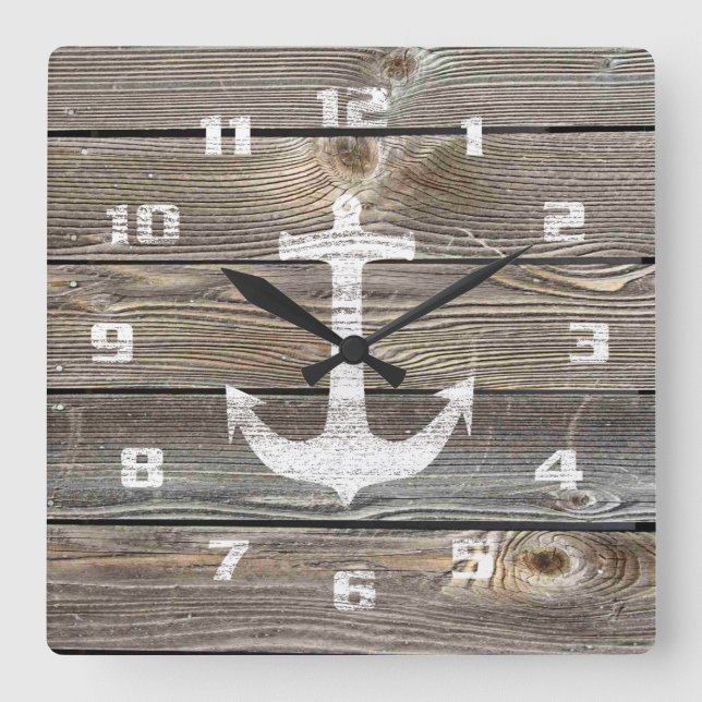 Horloge Carrée Style authentique Bois Rustique Ancre nautique (Recto)