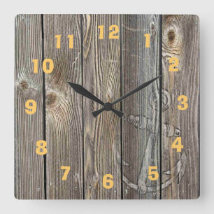 Horloge Carrée Style authentique vieux bois Avec Ancre