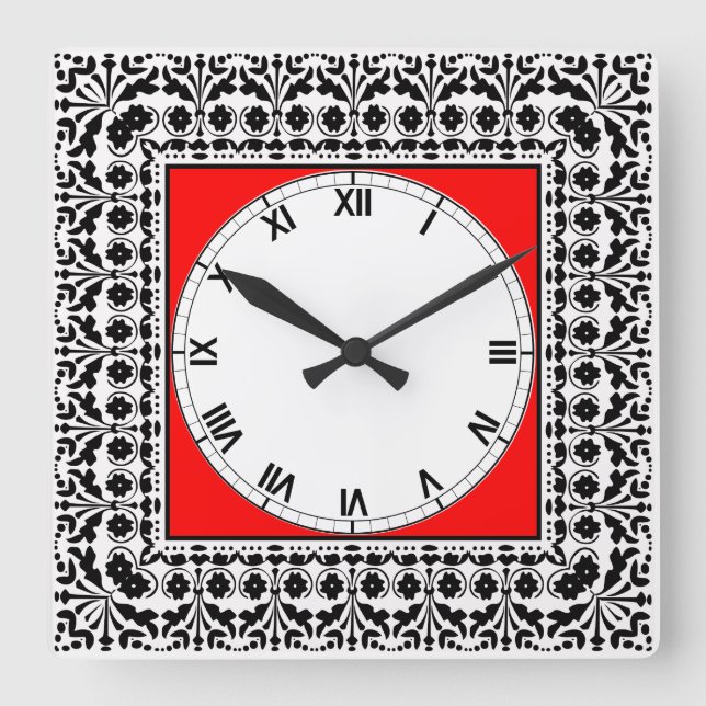 Horloge Carrée Style d'art populaire Cuisine de campagne noir rou (Recto)