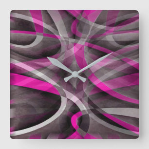 Horloge Carrée Style des années 80 Rose Fuchsia et Courbes Grises