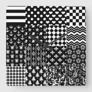 Horloge Carrée Style minimaliste Motif mixte noir blanc