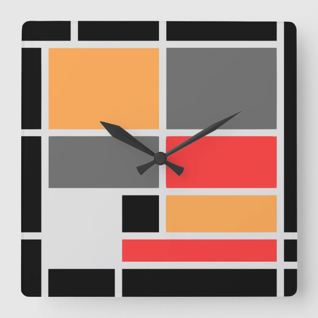 Horloge Carrée Style mondrique design orange rouge noir gris (Recto)