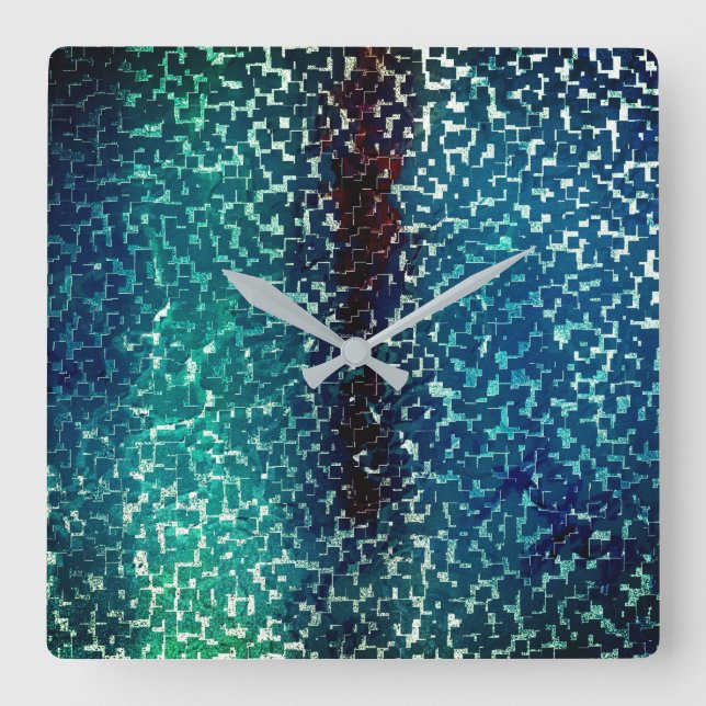 Horloge Carrée Style mosaïque bleue cyanaise sur verre martelé gr (Recto)