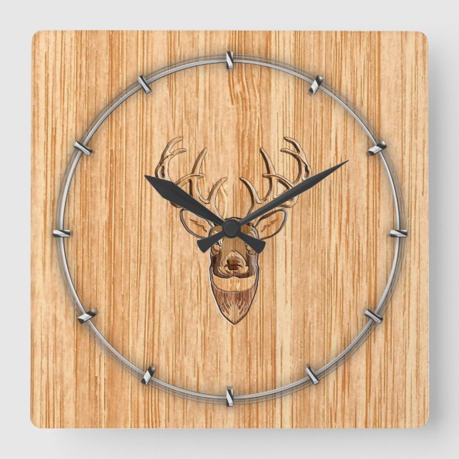 Horloge Carrée Style White Tail Deer Head Wood (Recto)