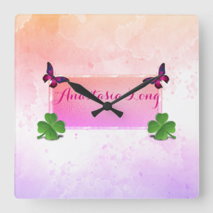 Horloge Carrée Stylish moderne, Pink Buterfly, Green Clover