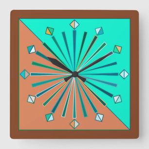 Horloge Carrée Sunburst géométrique moderne, Aqua & Chocolat Brow