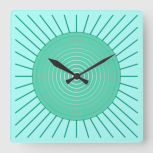 Horloge Carrée Sunburst géométrique moderne - Aqua et Seafoam Gre