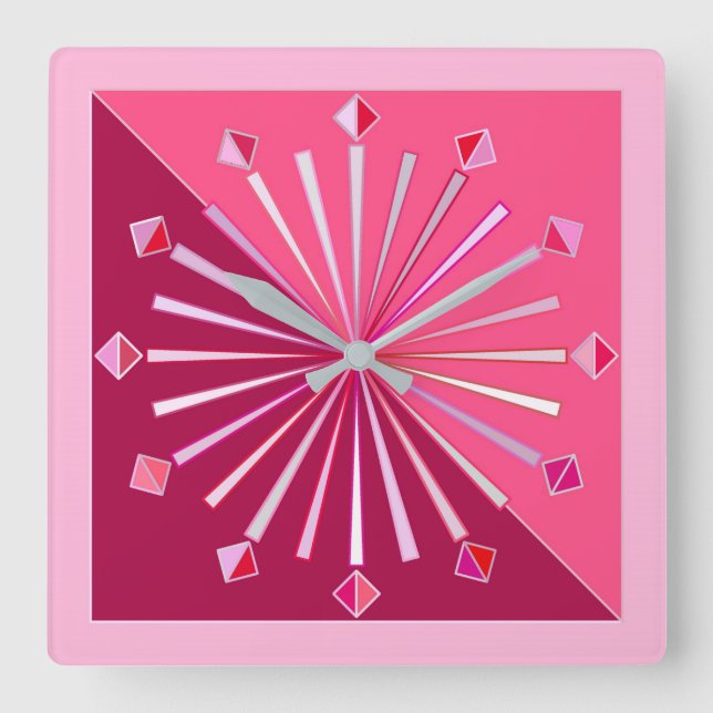 Horloge Carrée Sunburst géométrique moderne, vin et rose Fuchsia (Recto)