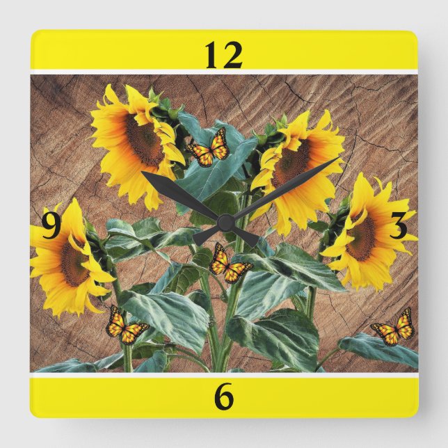 Horloge Carrée Sunflowers Papillons Rustic Barque Carré Wa (Recto)