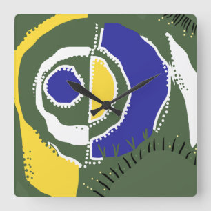 Horloge Carrée Sunrise Ethnic Circle - Jaune Vert Blanc Bleu