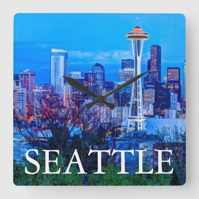 Horloge Carrée Super Lune se levant près de la skyline de Seattle (Recto)