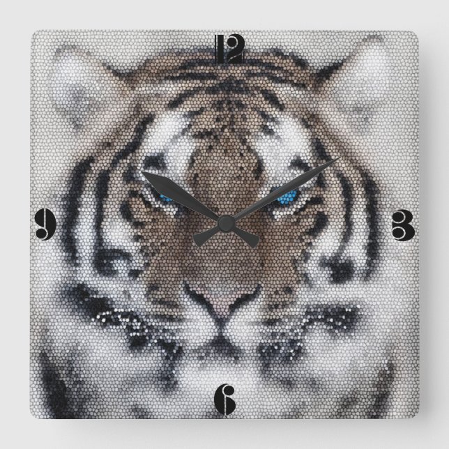 Horloge Carrée Superbe beau tigre yeux bleus vitrail (Recto)
